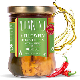 Tonnino yellowfin tuna in olive oil with jalapeño, ready-to-eat protein for quick meals.
