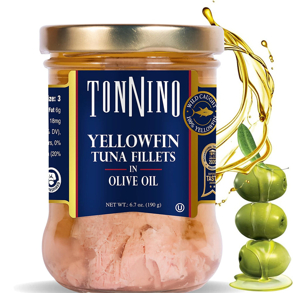 Tonnino Yellowfin Tuna in olive oil jar ready-to-eat for quick meals.