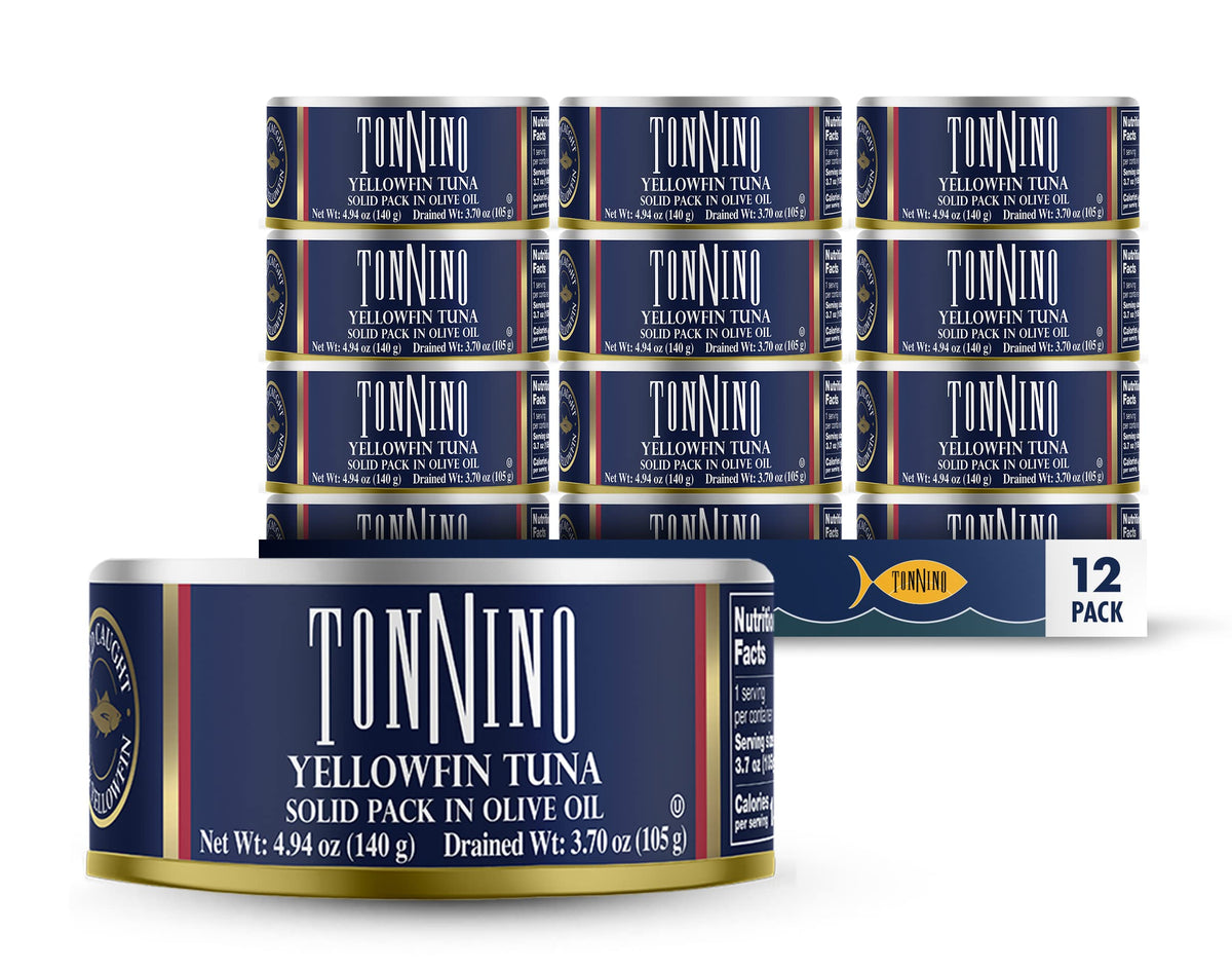 Tonnino yellowfin tuna in olive oil 12-pack cans for easy pantry meals.