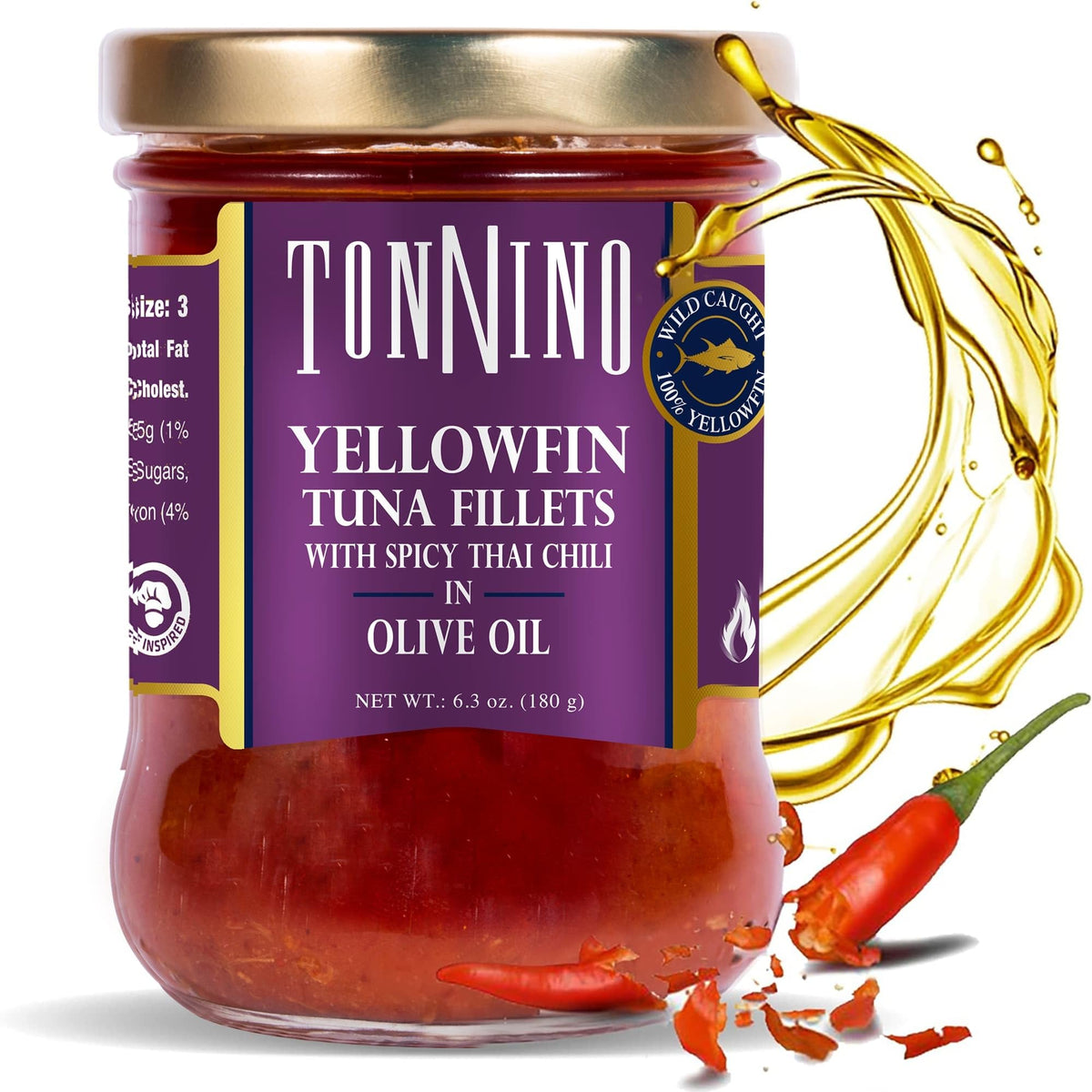 Tonnino Yellowfin tuna in olive oil with spicy Thai chili packaging, ready for quick meals.