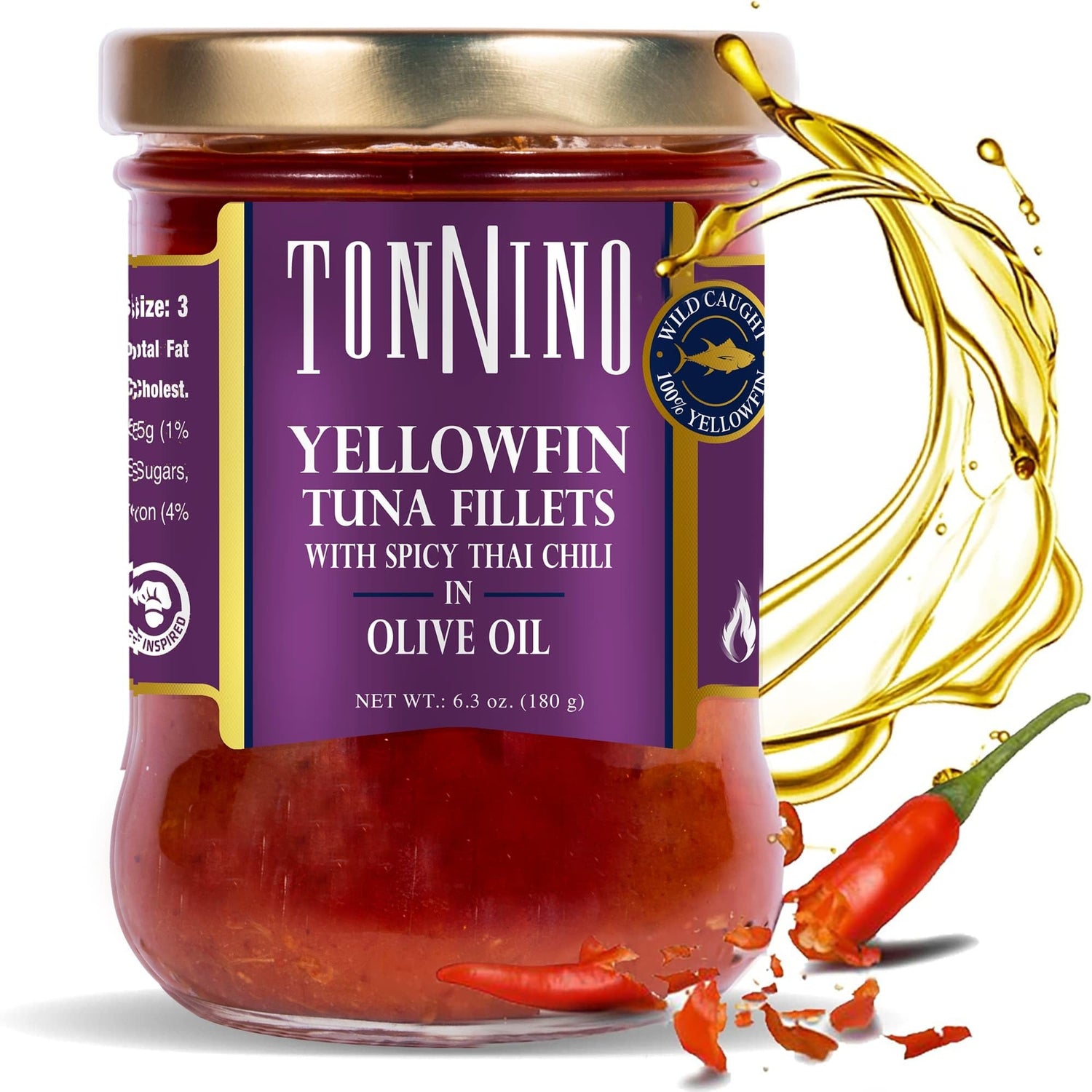 Tonnino Yellowfin tuna in olive oil with spicy Thai chili packaging, ready for quick meals.