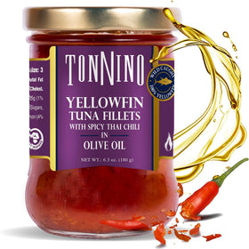 Tonnino Yellowfin tuna in olive oil with spicy Thai chili packaging, ready for quick meals.