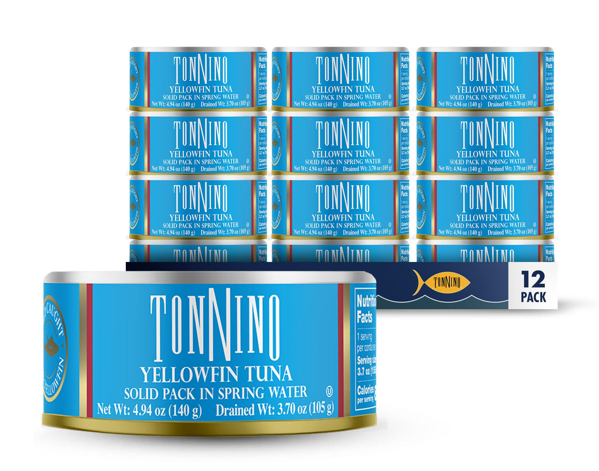 Tonnino Yellowfin Tuna in Spring Water pack on display, offering convenient protein for quick meals.