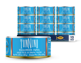 Tonnino Yellowfin Tuna in Spring Water pack on display, offering convenient protein for quick meals.
