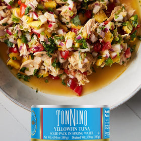 Tonnino Yellowfin Tuna tin seal close-up conveys freshness and trust.