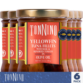 Tonnino Yellowfin Tuna Tomato Basil jar, premium taste in a convenient pack.