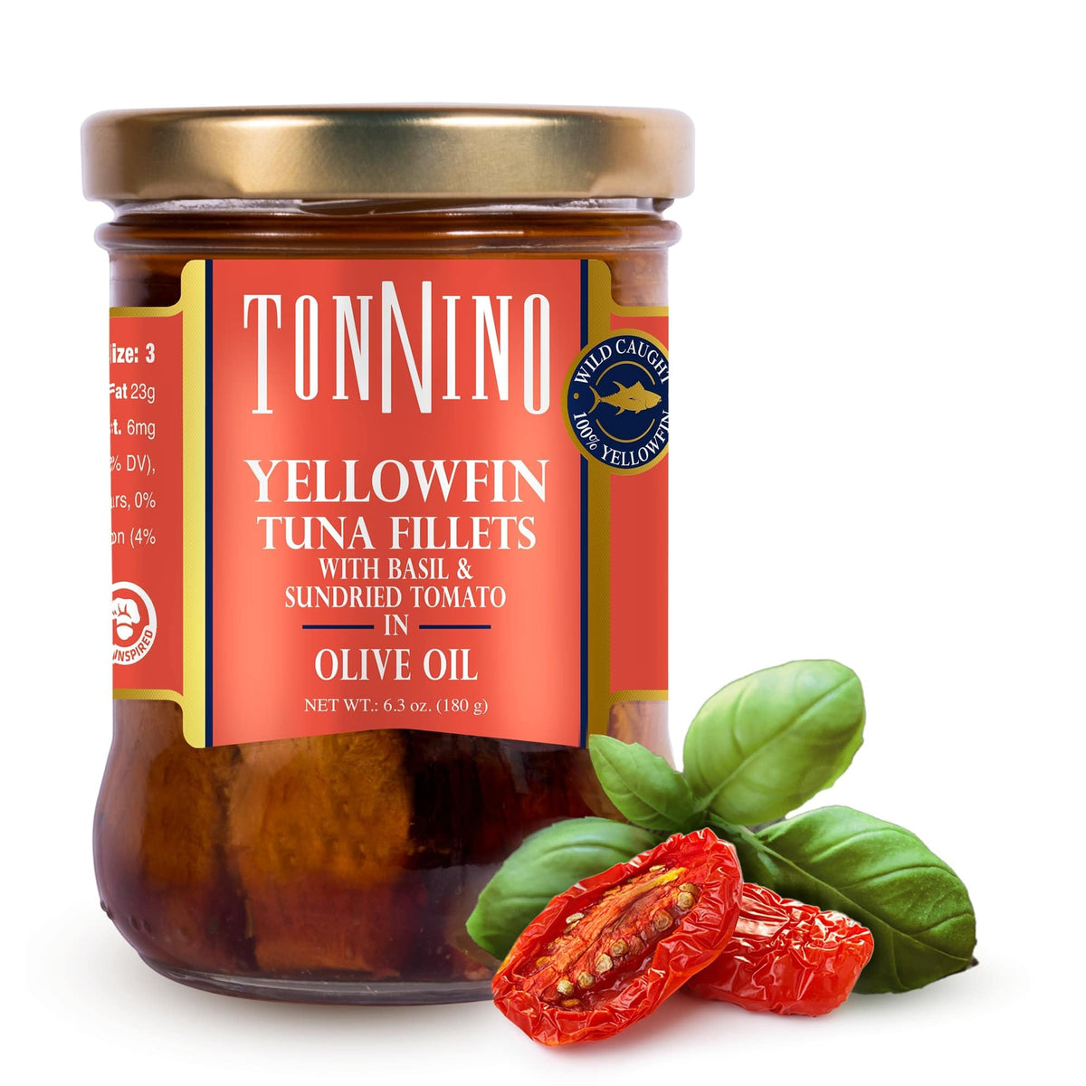 Tonnino Yellowfin Tuna Tomato Basil in a glass jar, ready-to-eat protein for quick meals.
