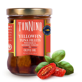 Tonnino Yellowfin Tuna Tomato Basil in a glass jar, ready-to-eat protein for quick meals.