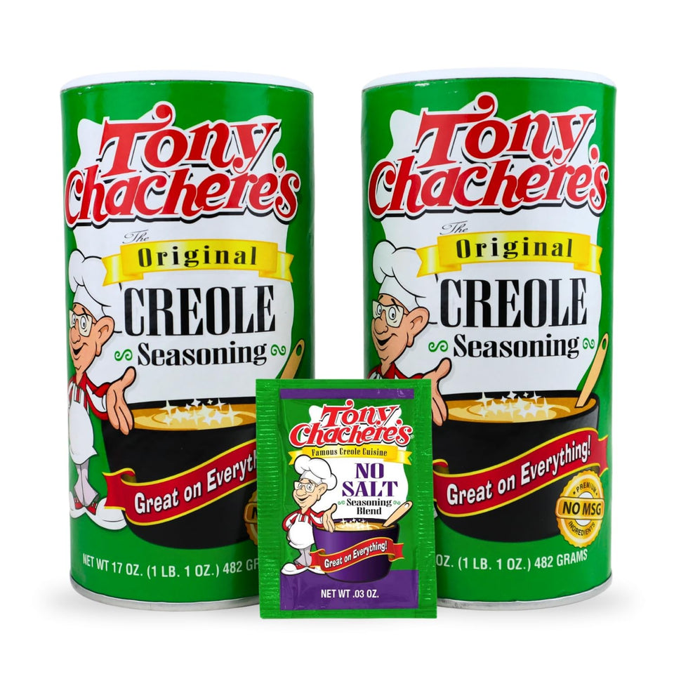 Tony Chachere's Creole seasoning canisters in a 2-pack for everyday cooking.