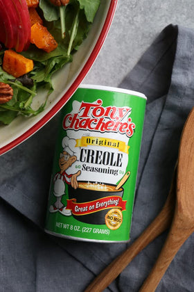 Close-up of Tony Chachere's Creole Seasoning label highlighting all-purpose seasoning