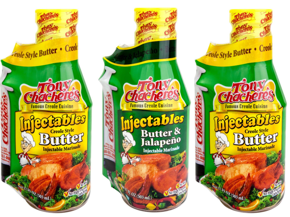 Tony Chachere's injectable butter bottle for grilled chicken flavor infusion.