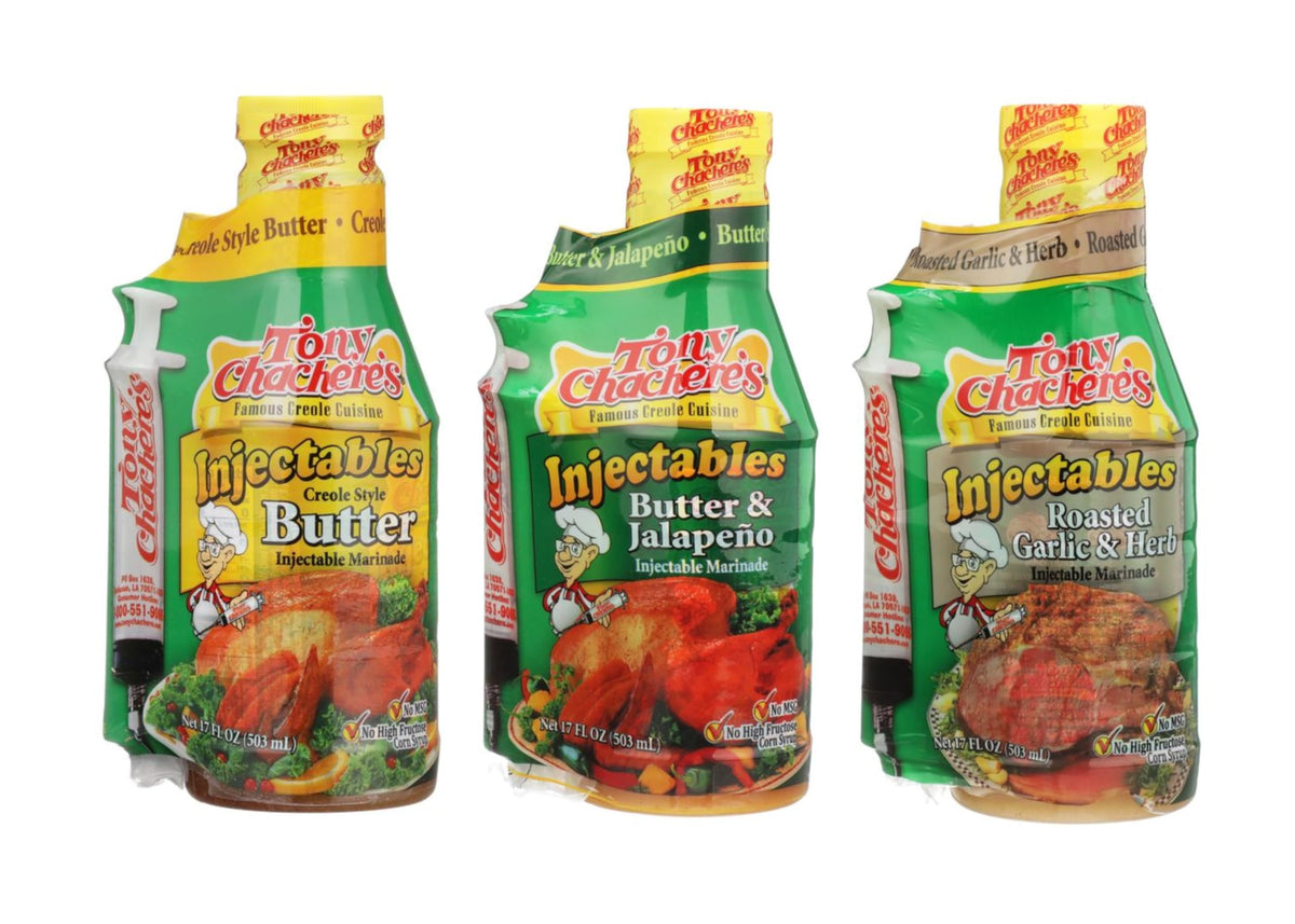 Tony Chachere's Injectable Marinade Butter bottle shows rich flavor infusion for juicy meat
