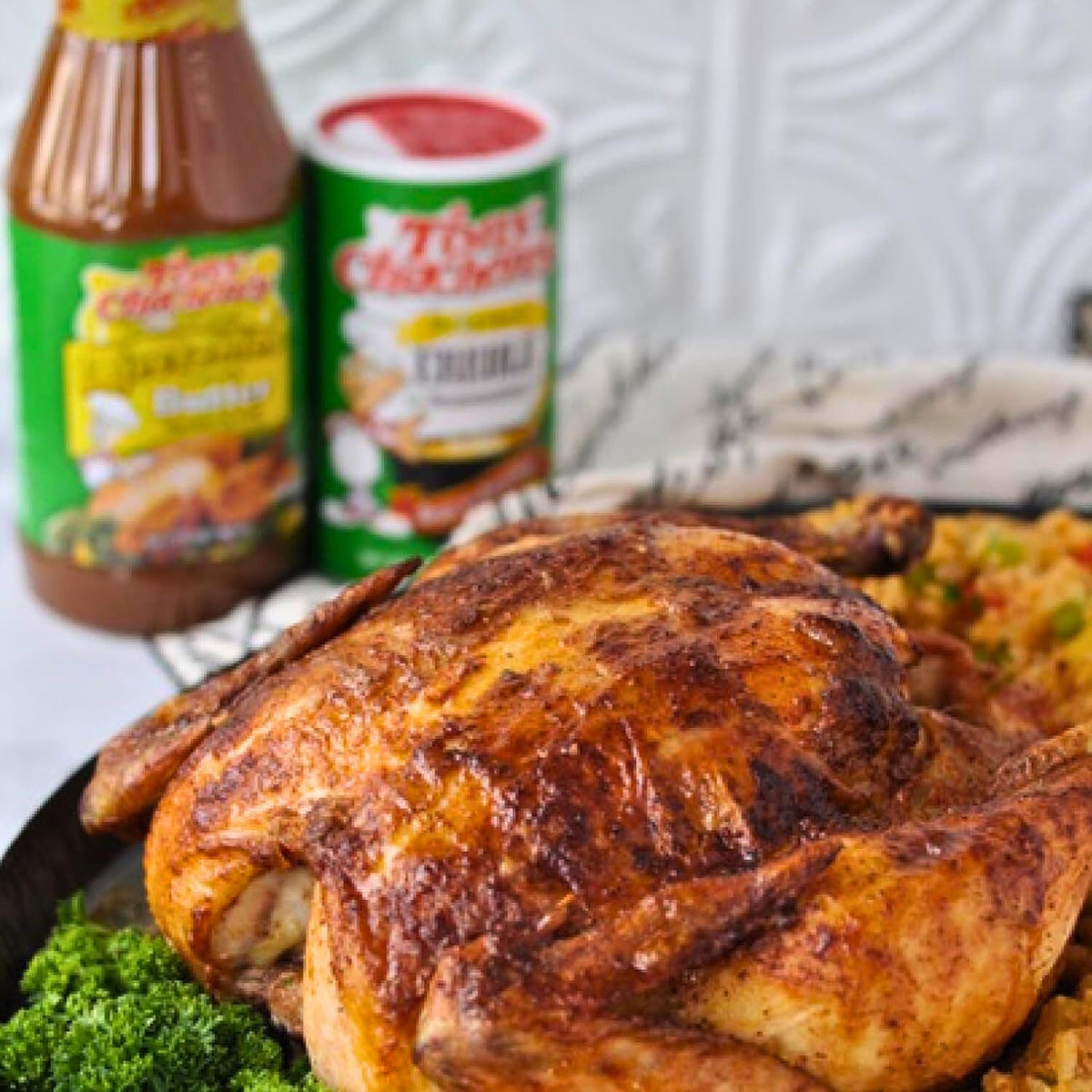 Family dinner setup featuring Tony Chachere's Marinade for bold flavors