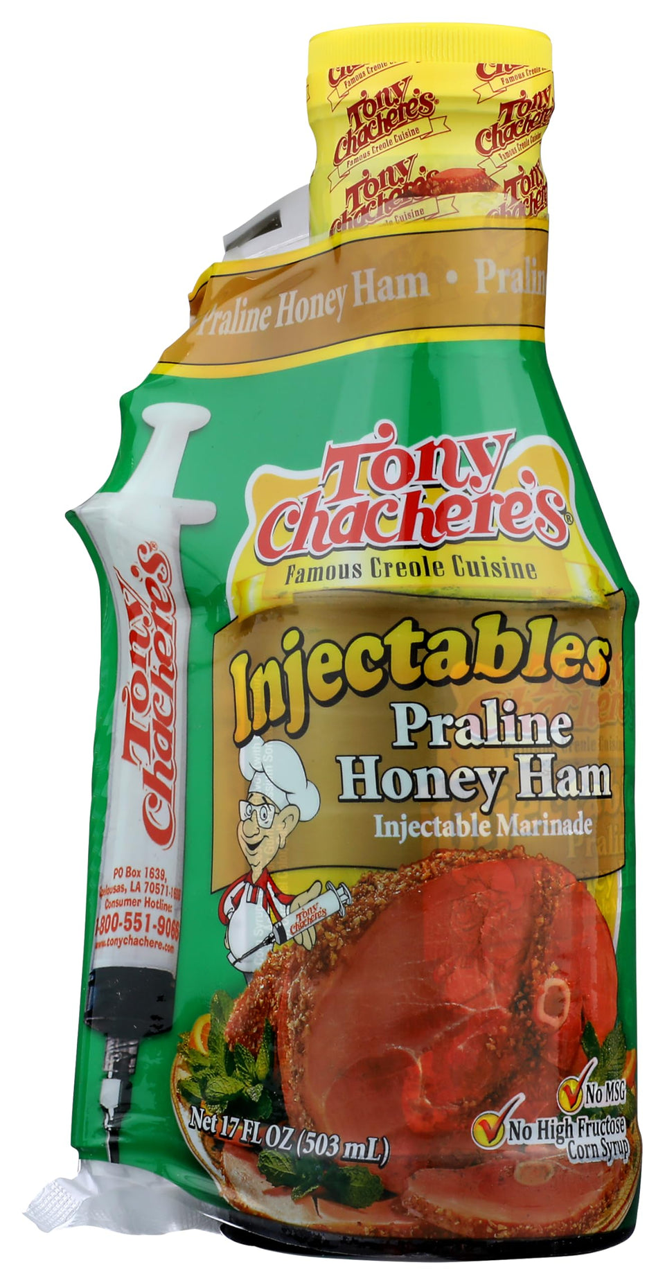 Tony Chachere's Marinade Praline Honey Ham injector in action for even flavor infusion and juicy results
