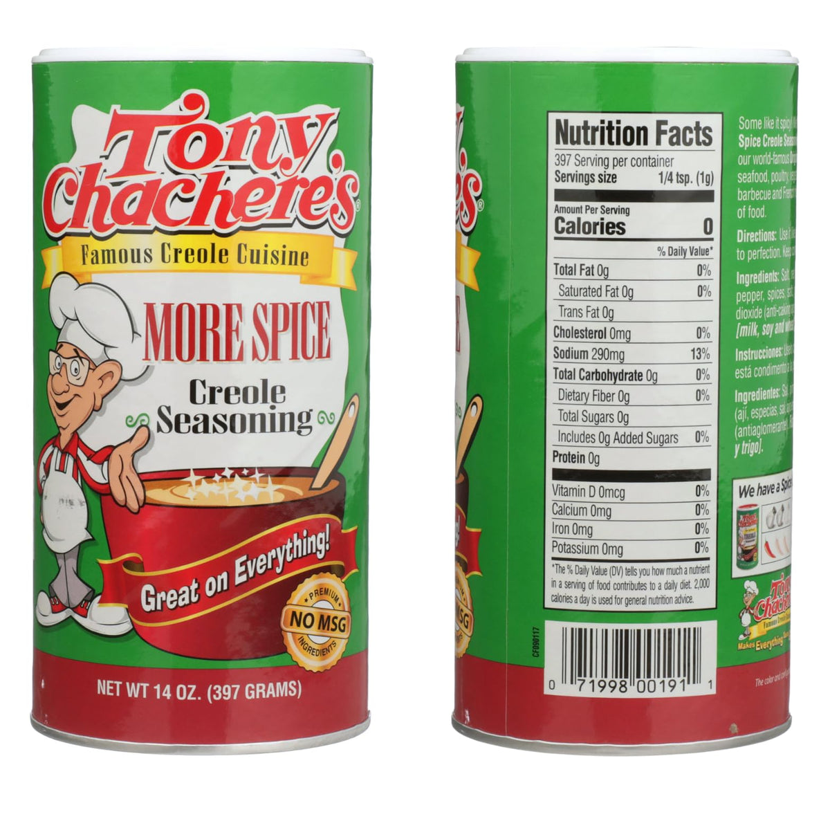 Tony Chachere's More Spice Creole Seasoning bottle closeup for seafood and grilled meats.