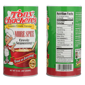 Tony Chachere's More Spice Creole Seasoning bottle closeup for seafood and grilled meats.