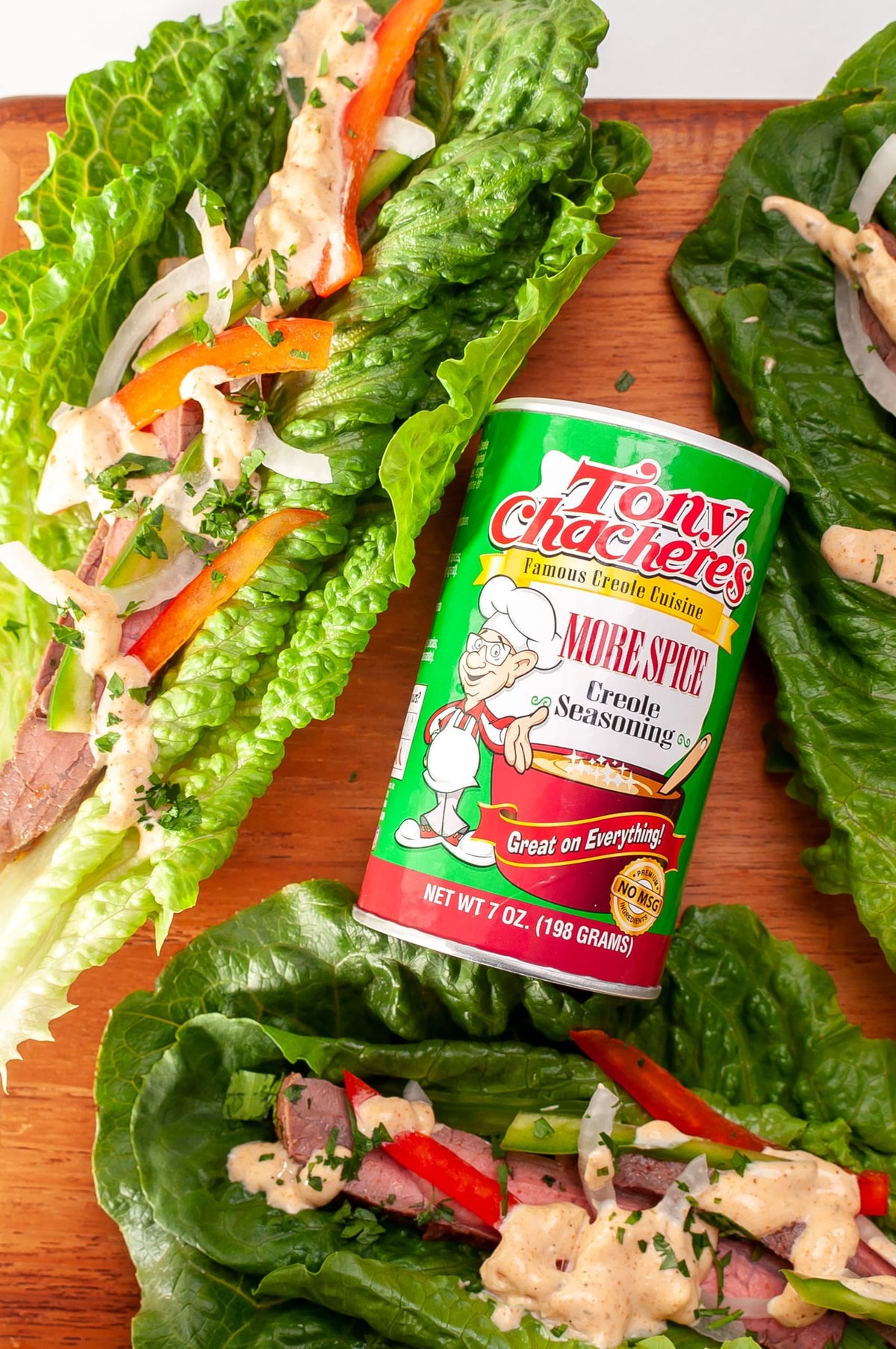 Tony Chachere's More Spice Creole Seasoning enhances seafood dishes with bold Creole heat.