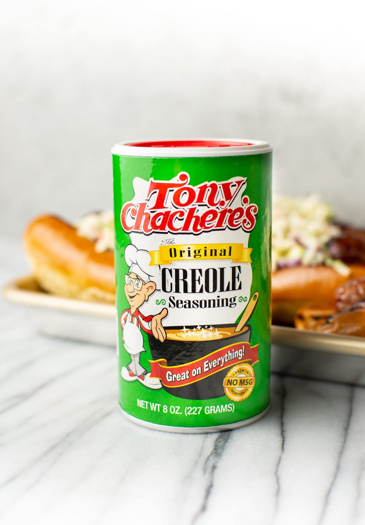 Tony Chachere's More Spice seasoning bottle provides robust flavor for vegetables and soups