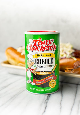 Tony Chachere's Creole Seasoning spice blend enhances meats and seafood with bold Cajun notes.