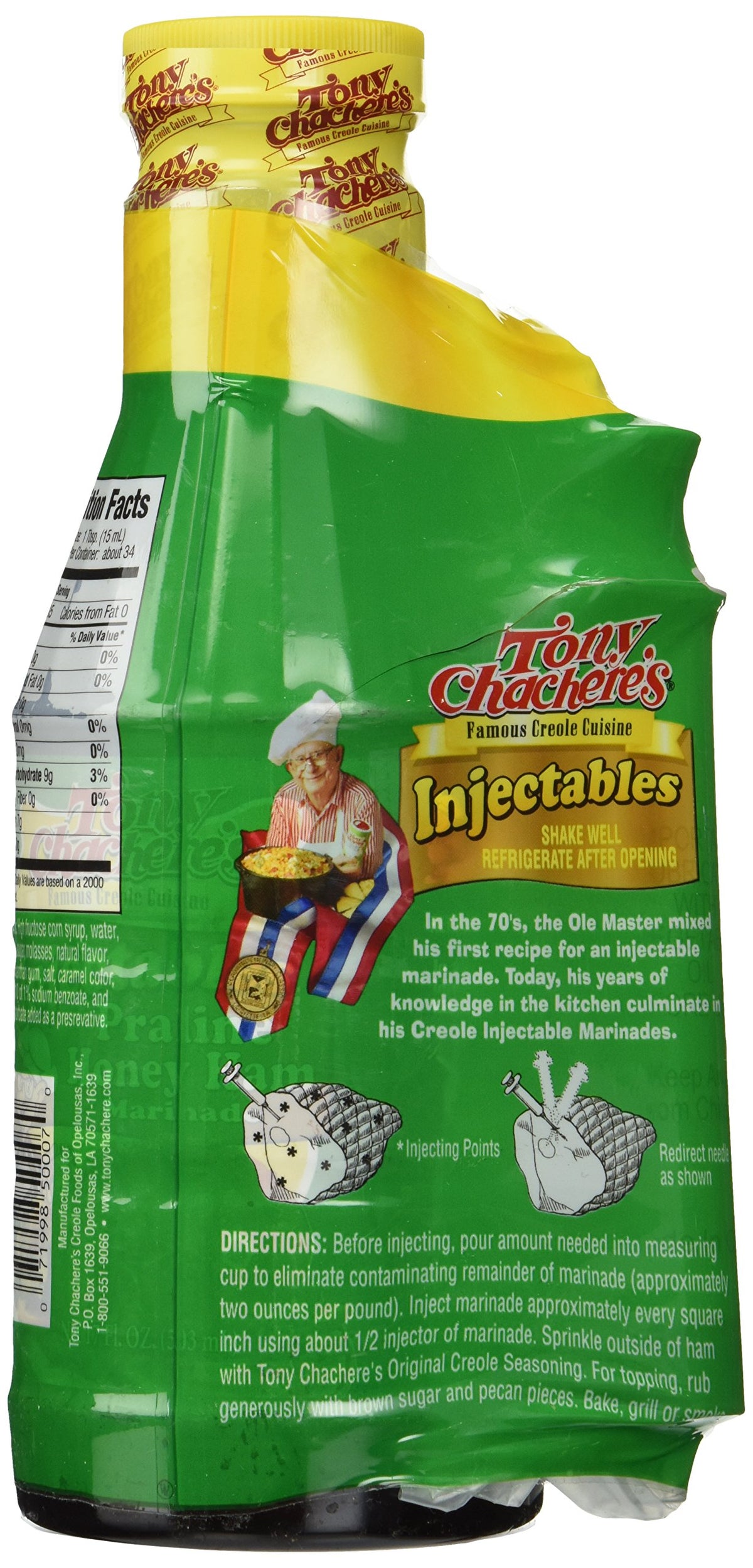 Tony Chachere's Marinade Praline Honey Ham with Injector ready-to-use application for flavorful roasts.