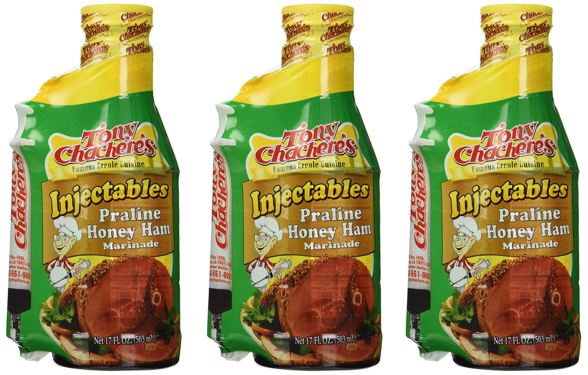 Tony Chachere's Marinade Praline Honey Ham with Injector pack three-pack bottles for easy marinating.