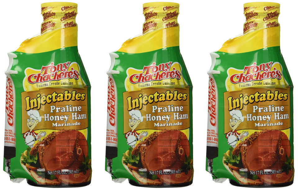 Tony Chachere's Marinade Praline Honey Ham with Injector pack three-pack bottles for easy marinating.
