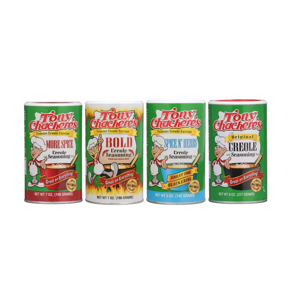 Tony Chachere's variety pack front view showing four seasoning blends for versatile cooking