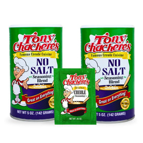 Tony Chachere's No Salt seasoning canisters on kitchen counter for versatile, bold flavor without sodium