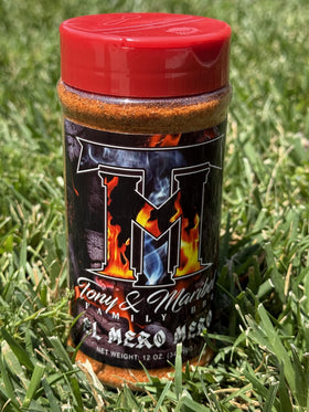 El Mero Mero seasoning jar with spices ready for grilling.