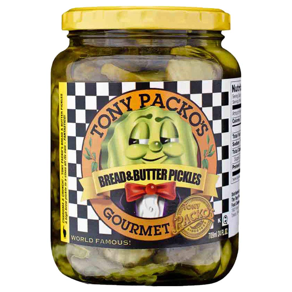 Tony Packo's bread and butter pickles jar displaying crisp, sweet slices ideal for sandwiches