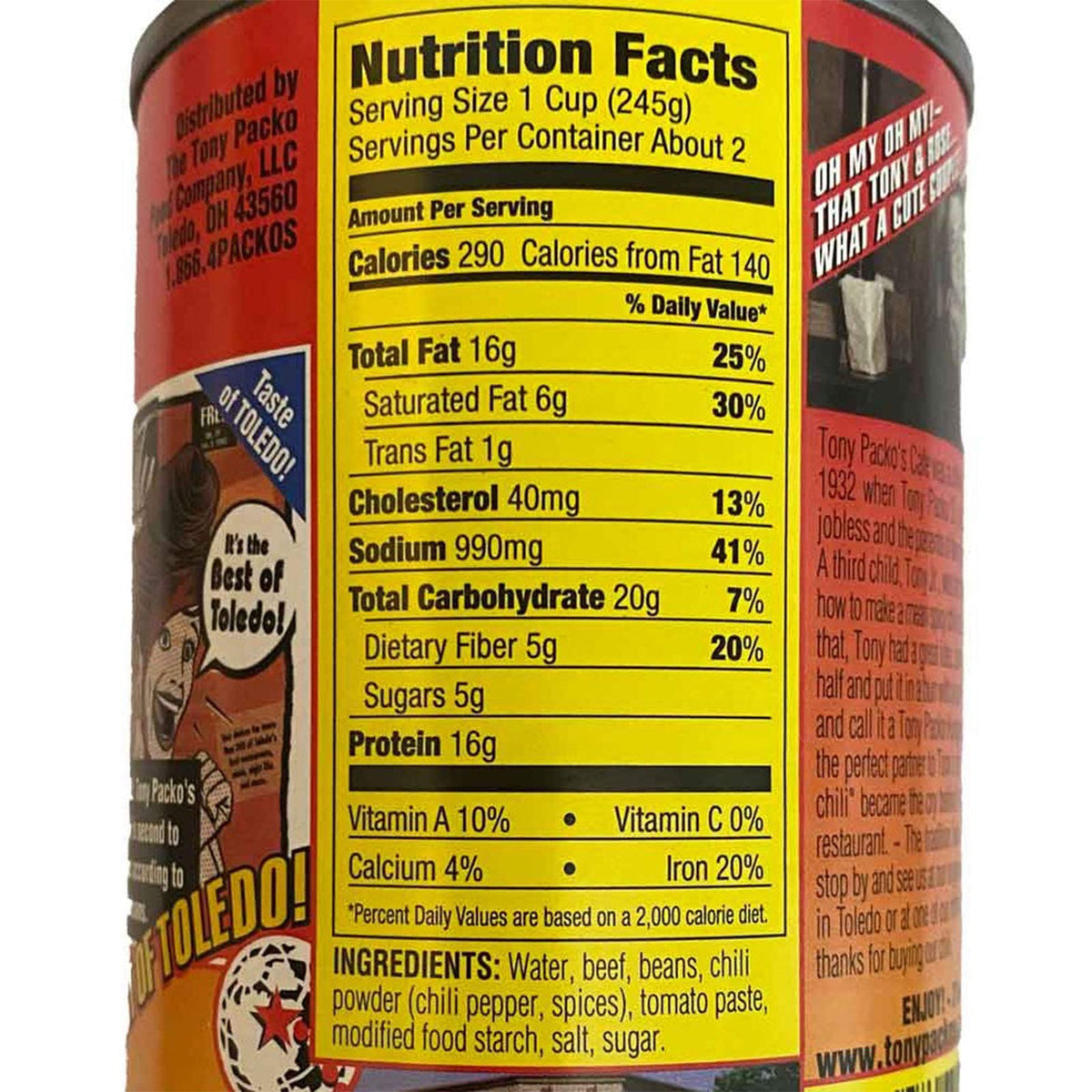Tony Packo's Chili with Beans pull-top can enabling easy heat-and-serve meals.