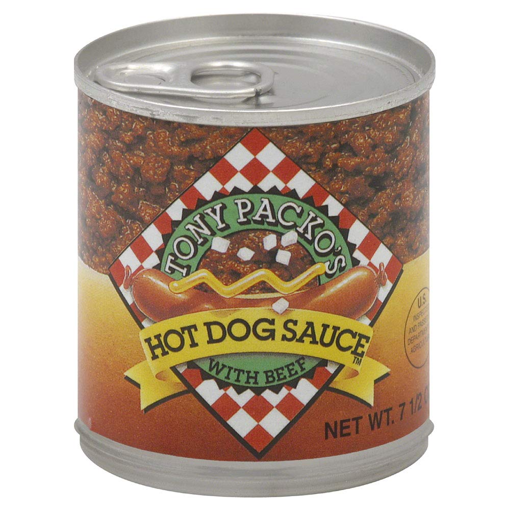 Close-up of Tony Packo's can highlighting rich beef chili sauce.