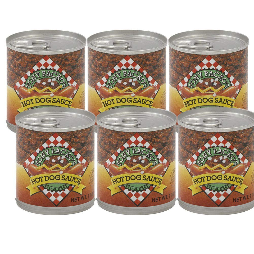 Tony Packo's hot dog sauce six-can pack for easy family meals.