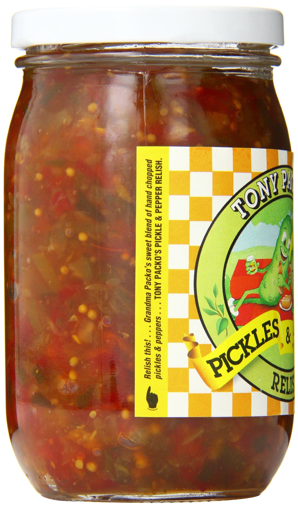 Tony Packo's Pickles and Peppers Relish closeup, hand chopped peppers delivering sweet heat.