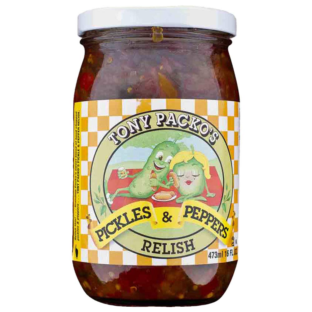 Tony Packo's Pickles and Peppers Relish in a glass jar, crisp and versatile for sandwiches.