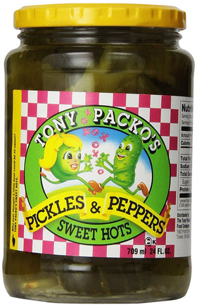 Tony Packo's Sweet Hot Pickles and Peppers jar with vibrant slices for burgers and sandwiches.