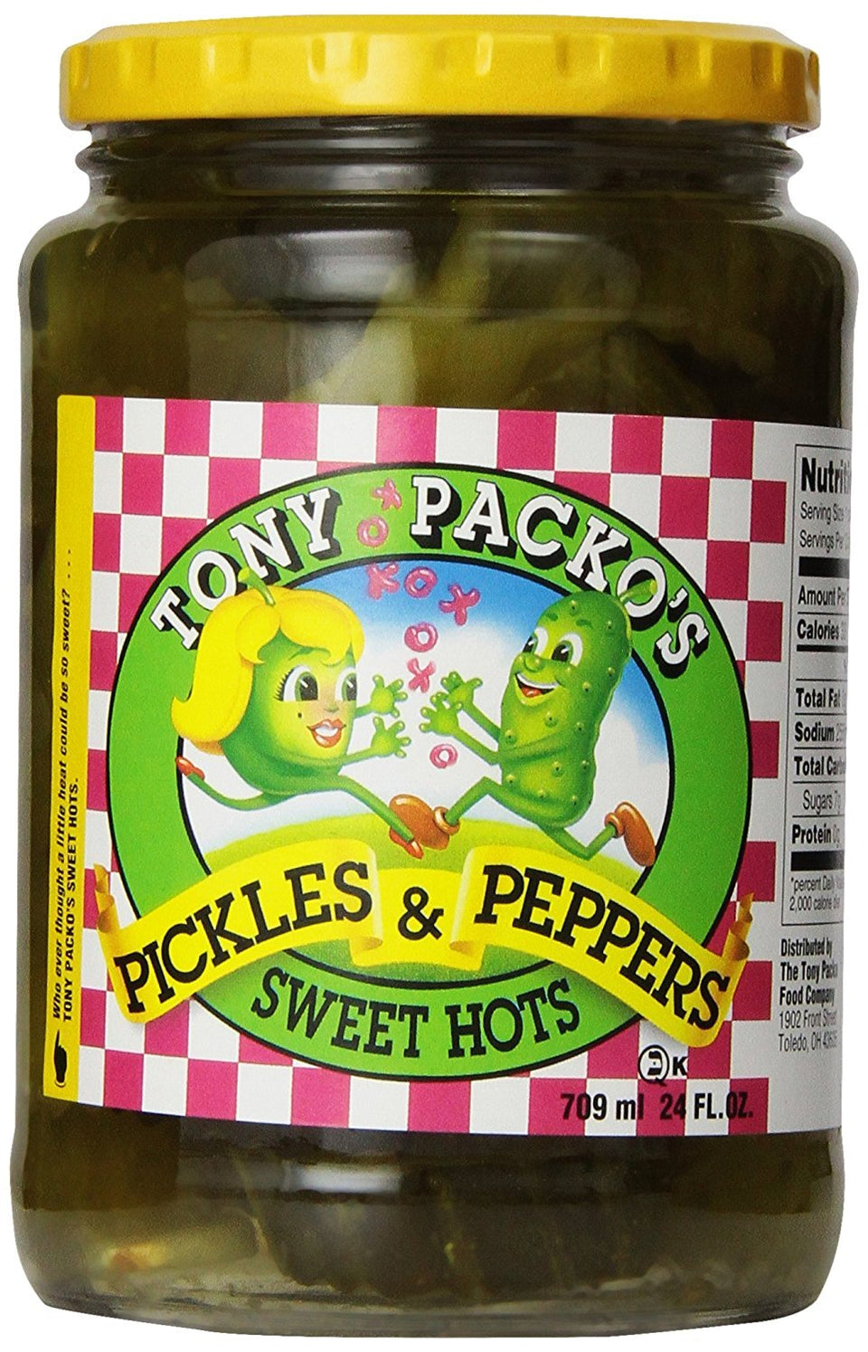 Tony Packo's Sweet Hot Pickles and Peppers jar with vibrant slices for burgers and sandwiches.
