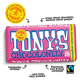 Closeup of Tony's Chocolonely white chocolate raspberry popping bar, fruity notes and fizz excite the palate.