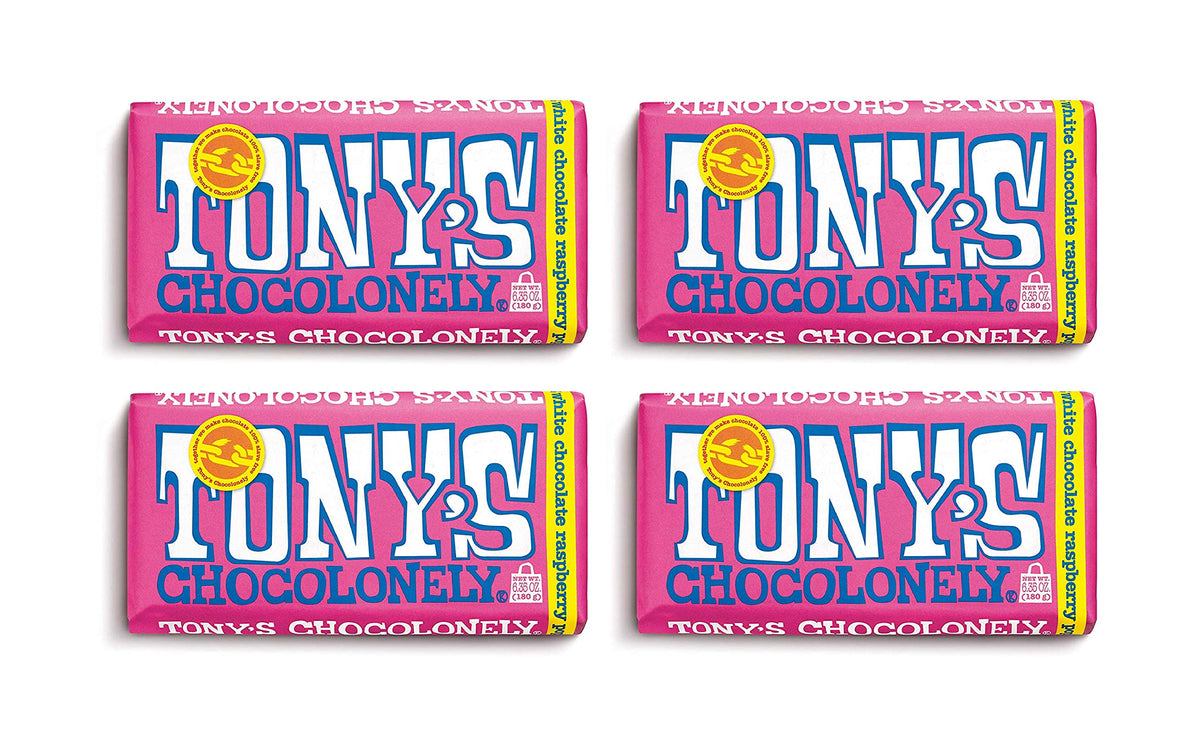 Tony's Chocolonely white chocolate raspberry popping bar on display, ideal party snack.