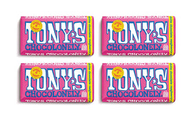 Tony's Chocolonely white chocolate raspberry popping bar on display, ideal party snack.