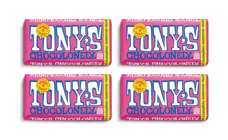 Tony's Chocolonely white chocolate raspberry popping bar on display, ideal party snack.