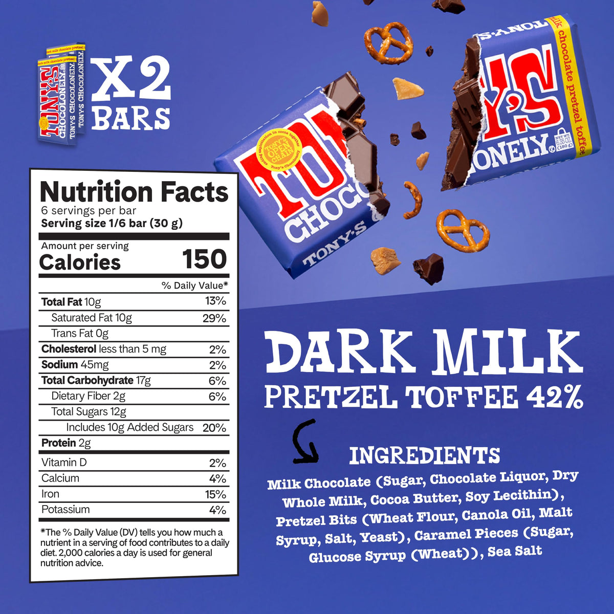 Tony's Chocolonely dark milk pretzel toffee bar, crisp textures and indulgent layers.