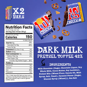 Tony's Chocolonely dark milk pretzel toffee bar, crisp textures and indulgent layers.