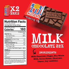 Tony's Chocolonely fairtrade label, highlighting ethical sourcing of cocoa and sugar.
