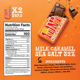 Tony's Chocolonely milk caramel sea salt bar close-up, creamy sweetness with a savory bite.