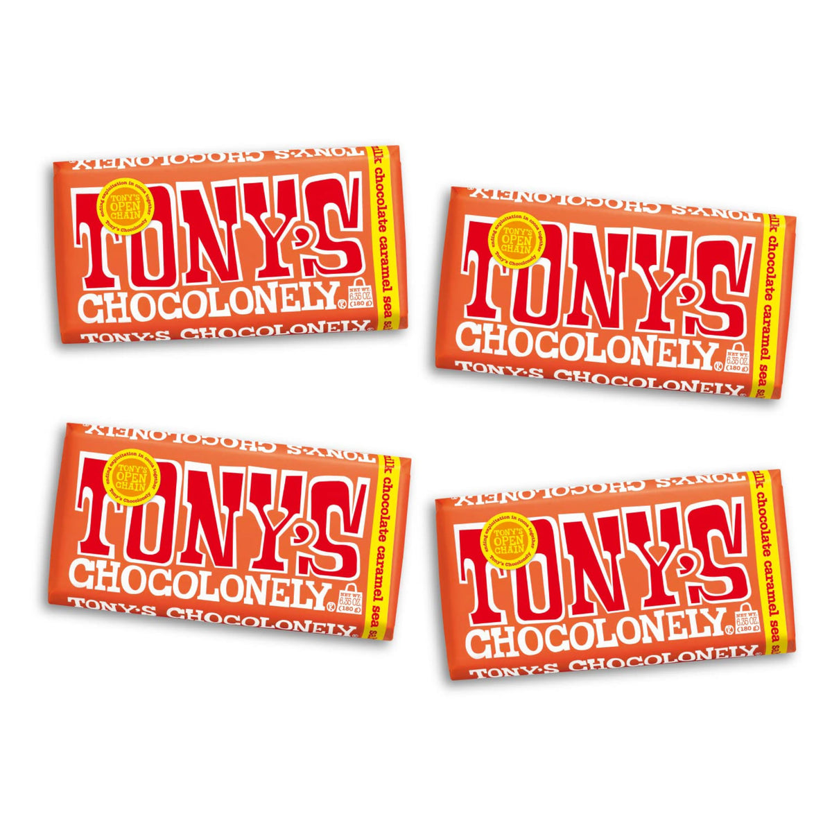 Tony's Chocolonely milk chocolate caramel sea salt packaging highlights fair trade cocoa.