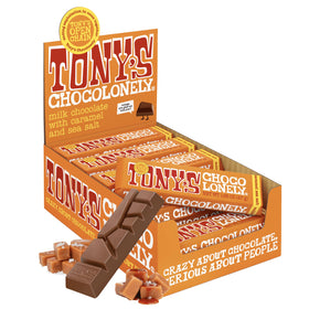 Tony’s Chocolonely milk chocolate bar with caramel and sea salt, a creamy indulgence with savory balance.