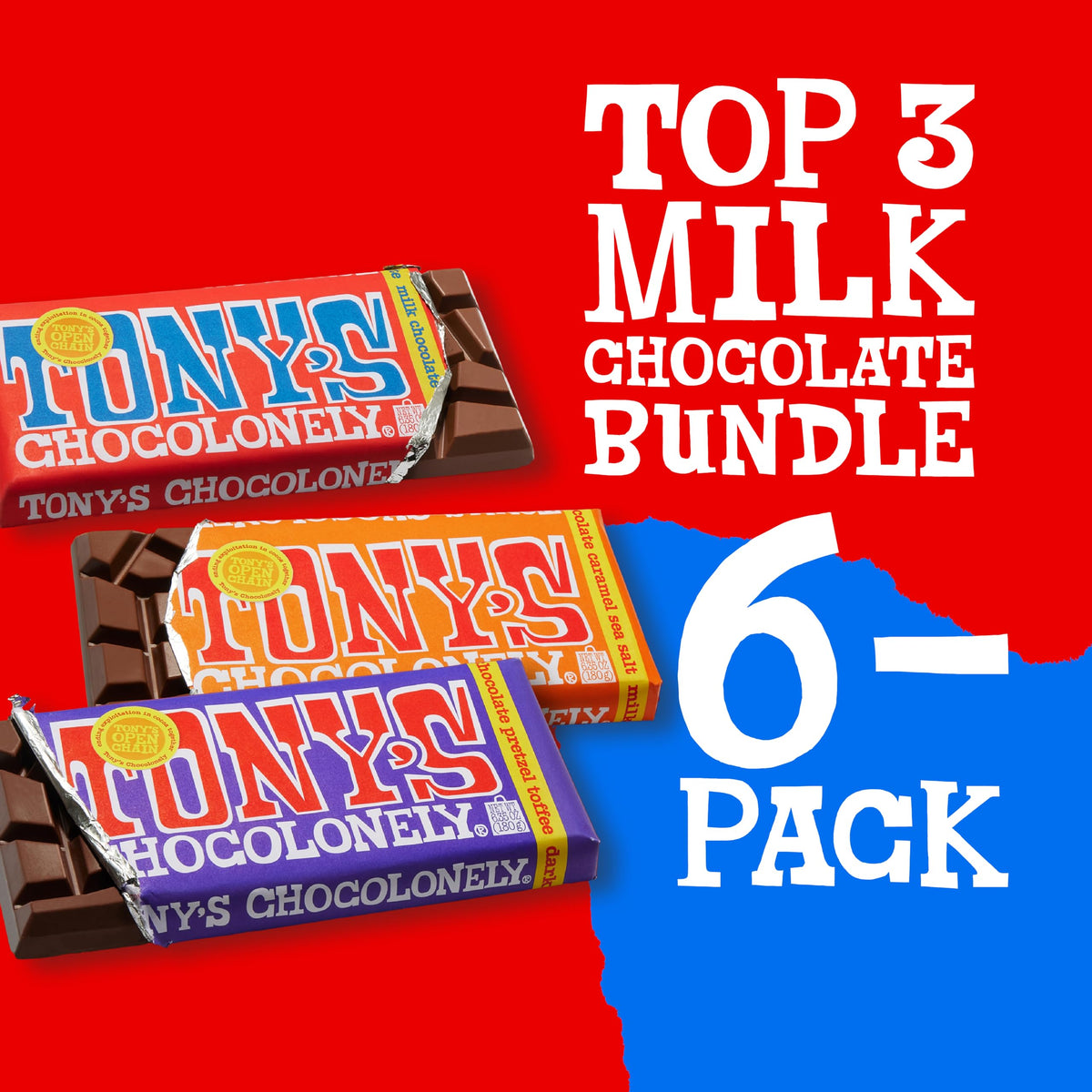 Tony's Chocolonely milk chocolate bars variety, vibrant packaging suggests premium tasting.