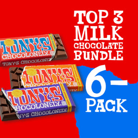 Tony's Chocolonely milk chocolate bars variety, vibrant packaging suggests premium tasting.