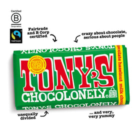 Tony’s Chocolonely Milk Hazelnut Bar hazelnuts close-up emphasizes crunchy texture.